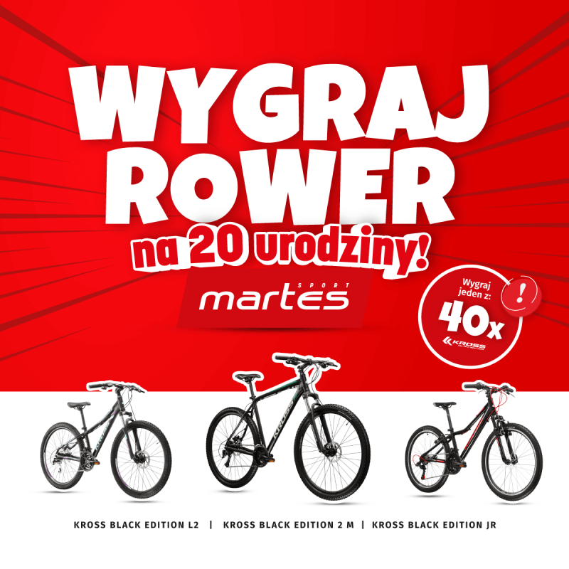 Podstawowa grafika wpisu:Wygraj rower z okazji 20. urodzin MARTES SPORT! Do zgarnięcia aż 40 rowerów marki KROSS!