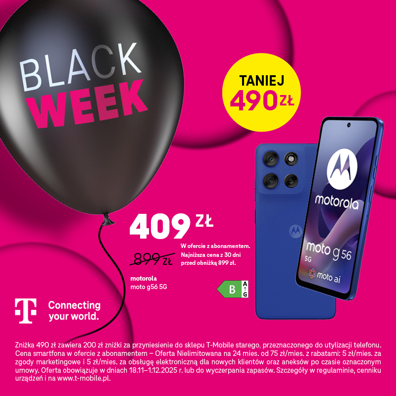 Podstawowa grafika wpisu:BLACK WEEK W T-MOBILE – MOTOROLA MOTO G56 5G 8/256GB OD 409 ZŁ