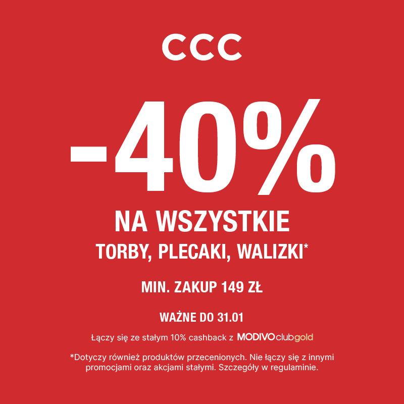 Podstawowa grafika wpisu:-40% na&nbsp;WSZYSTKIE TORBY, PLECAKI, WALIZKI