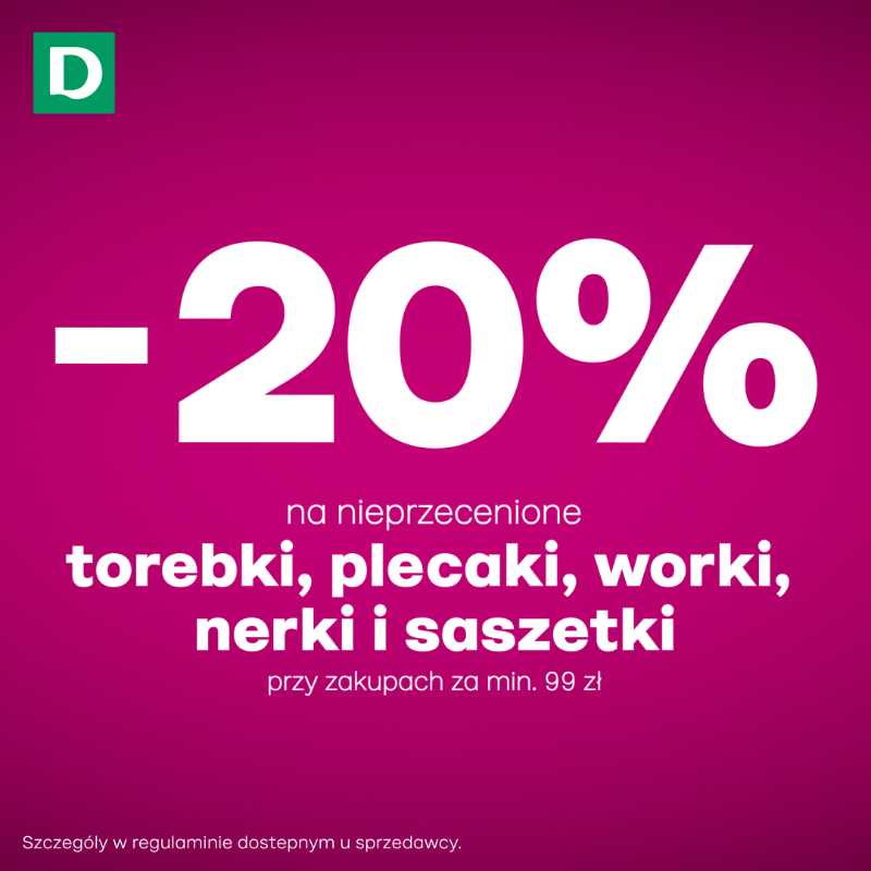 Podstawowa grafika wpisu:– 20% na&nbsp;nieprzecenione torebki, plecaki worki, nerki i&nbsp;saszetki przy zakupach za&nbsp;min. 99zł.